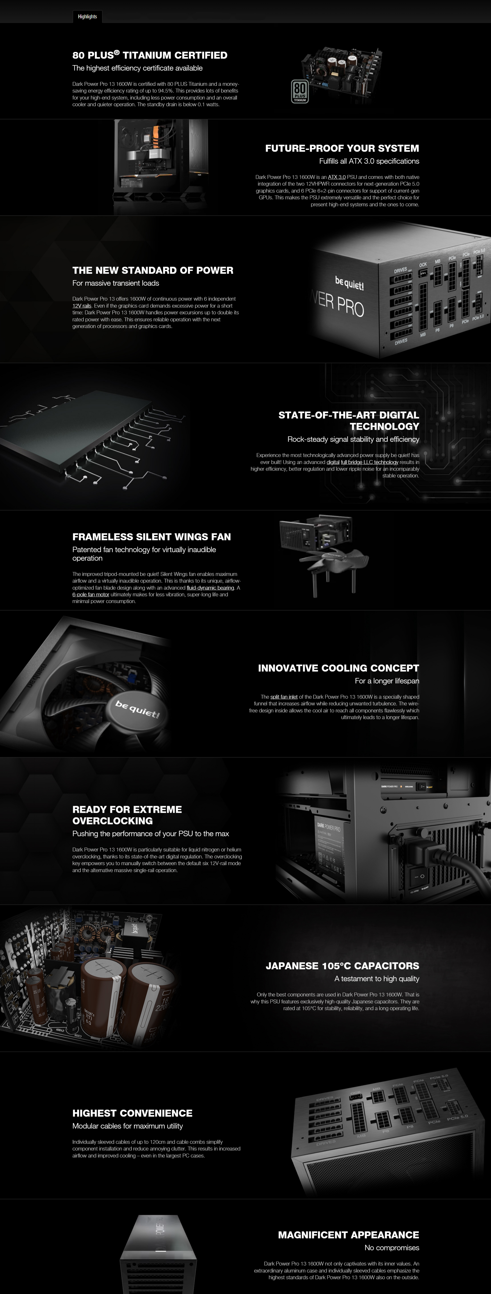 A large marketing image providing additional information about the product be quiet! Dark Power Pro 13 1600W Titanium PCIe 5.0 Modular PSU - Additional alt info not provided